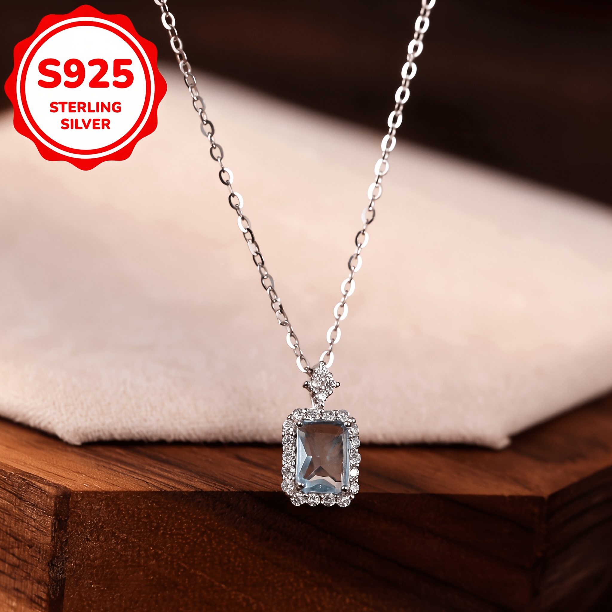 Women's 925 Sterling Silver Teal Blue Square Pendant Necklace